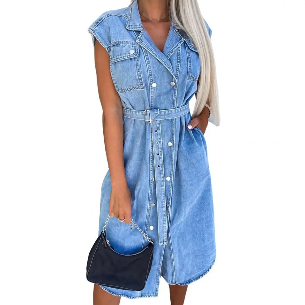 Cotton Blend Dress Denim Shirt Dress for Women A-line Tie Waist Jean Dress with Lapel Button Down Summer Office Party Outfit