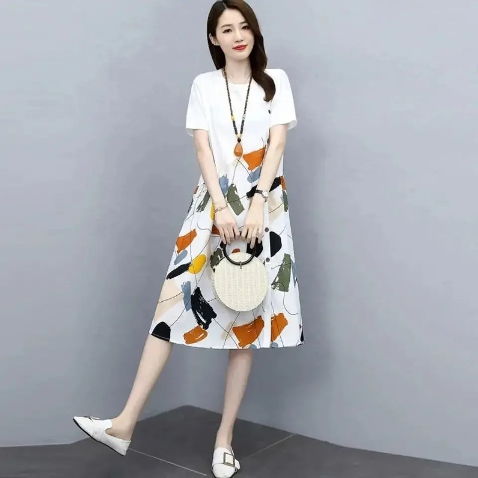 Silk Printing Black Woman Dress 2025 Midi Clothes White Dresses for Women Satin Chiffon Promotion New Features of Cotton Summer