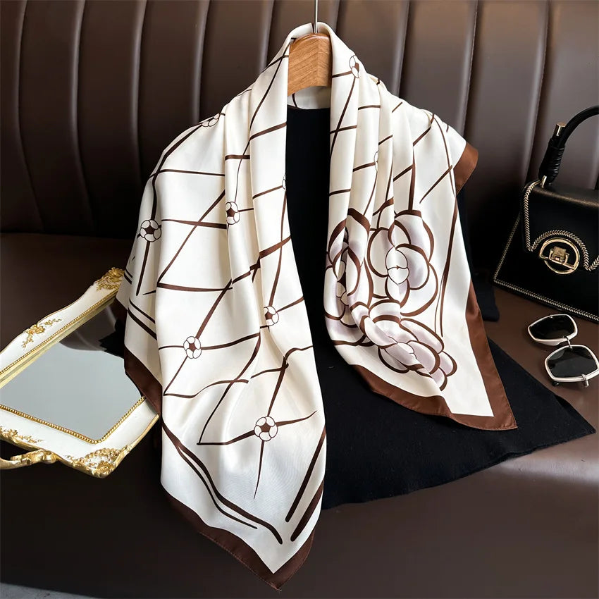 Women's Floral Silk Square Scarf – 90×90cm Headwrap & Hijab
