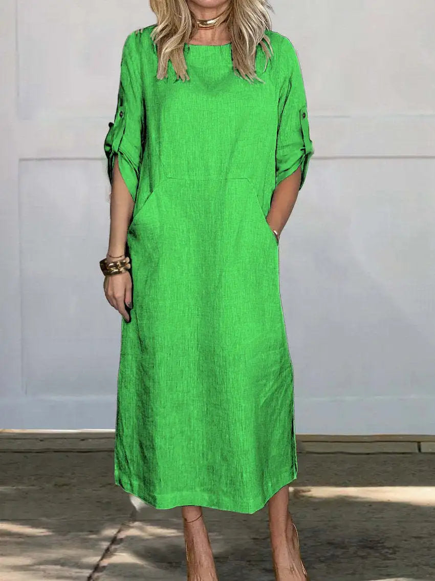 Cotton Linen Dress For Women 2026 Summer Loose Casual Solid Color Short-sleeved Pockets Long Dresses Elegant Women's Clothing