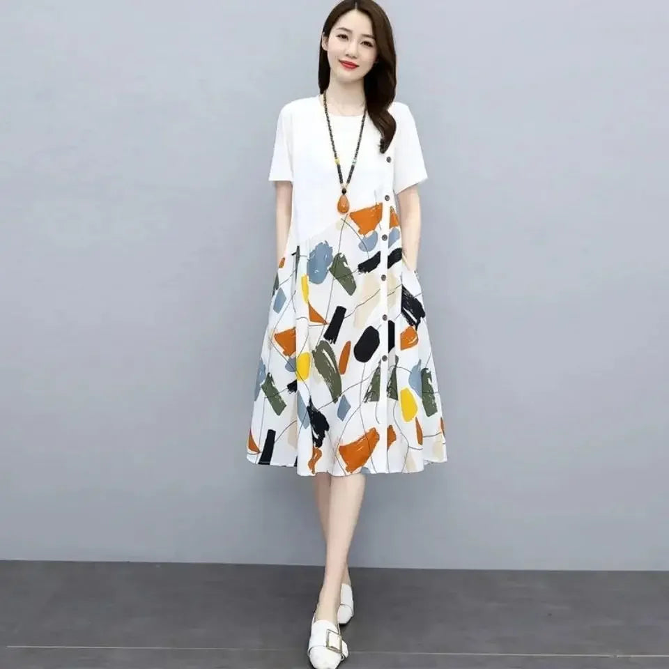 Silk Printing Black Woman Dress 2025 Midi Clothes White Dresses for Women Satin Chiffon Promotion New Features of Cotton Summer