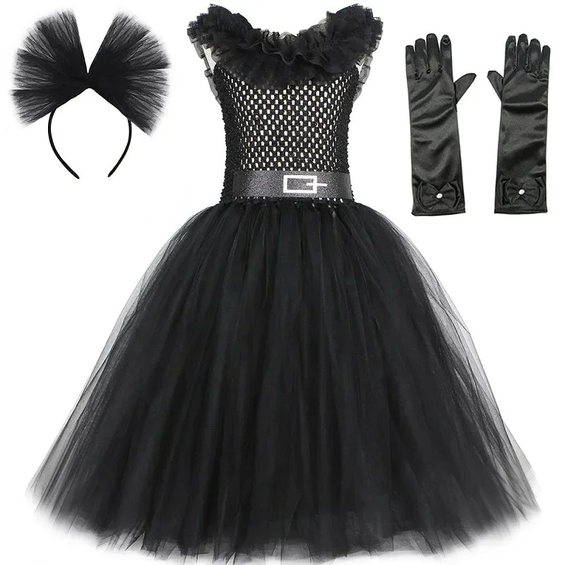 Girls Gothic Halloween Tutu Dress | Wednesday Black Lace Costume