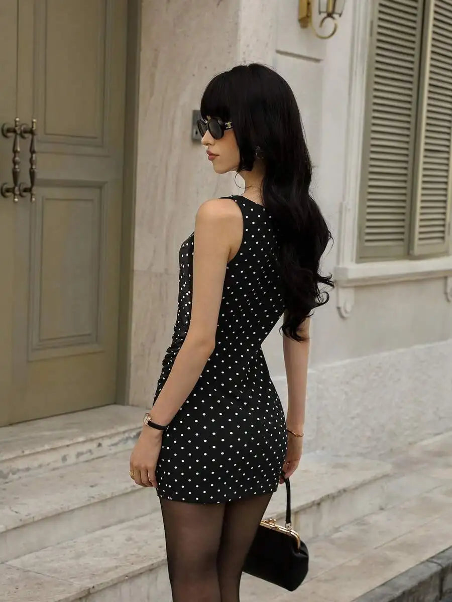 Dot Print Ruched Waist Sleeveless Mini Dress