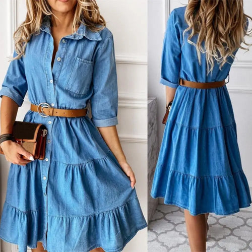 Women's denim dress with belt – 3/4 sleeve casual fashion UK