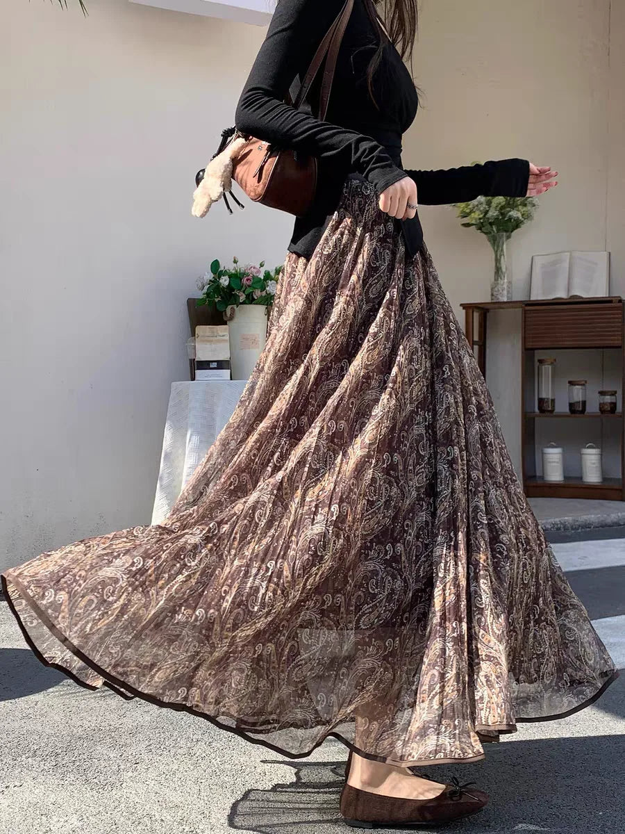 Floral Sheer Mesh Maxi Skirt | Boho A-Line Draped Skirt for Women