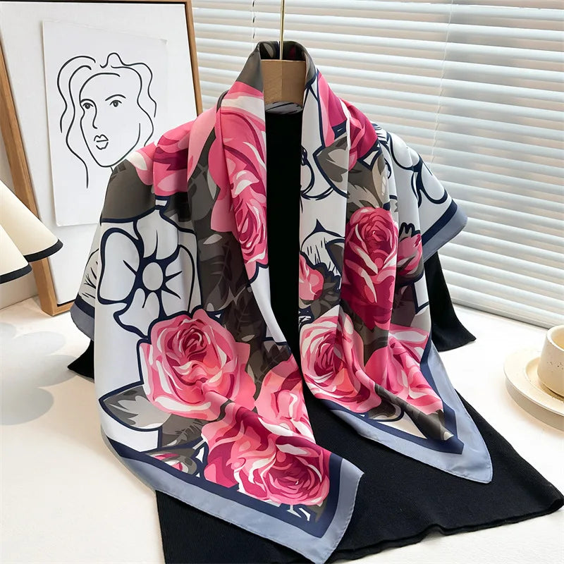 Women's Floral Silk Square Scarf – 90×90cm Headwrap & Hijab