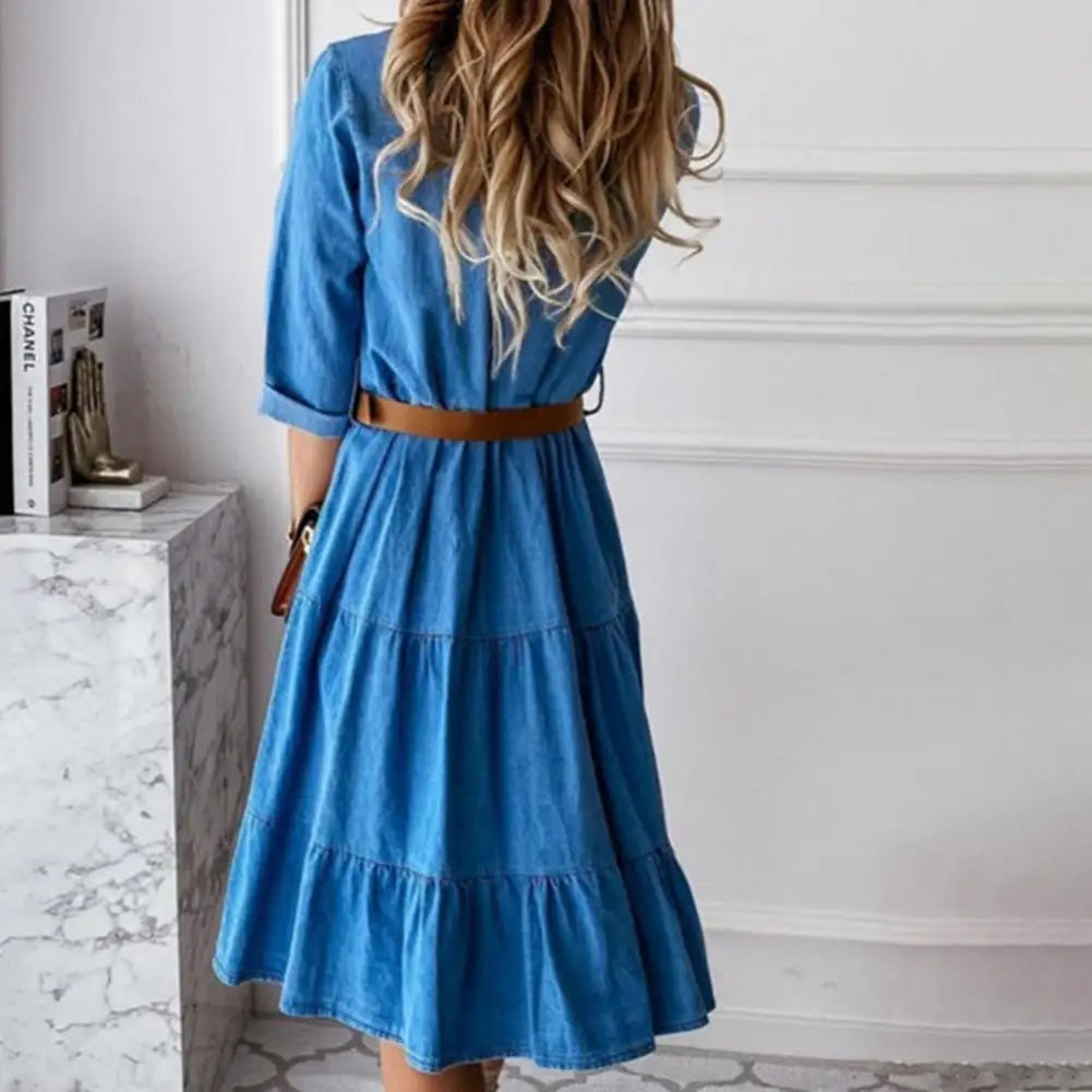 Denim Dress with Belt – 3/4 Sleeve