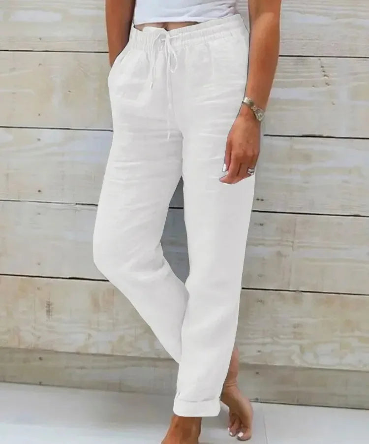 Women's Cotton Linen Casual Trousers – High Waist Elastic Waist Summer Pants