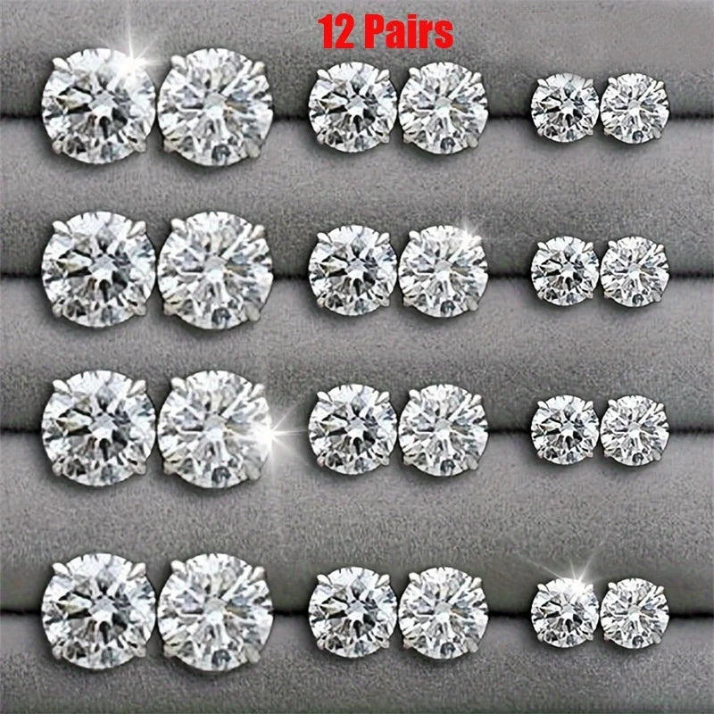 12 Pairs Six Claw Zircon Earrings Set Geometric White Shiny Crystal Wedding Stud Earrings Set for Women Men Jewelry Accessories