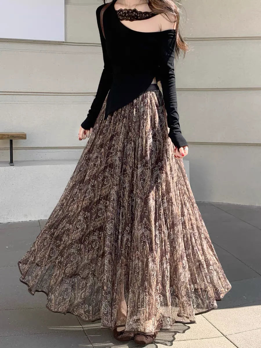 Floral Sheer Mesh Maxi Skirt | Boho A-Line Draped Skirt for Women