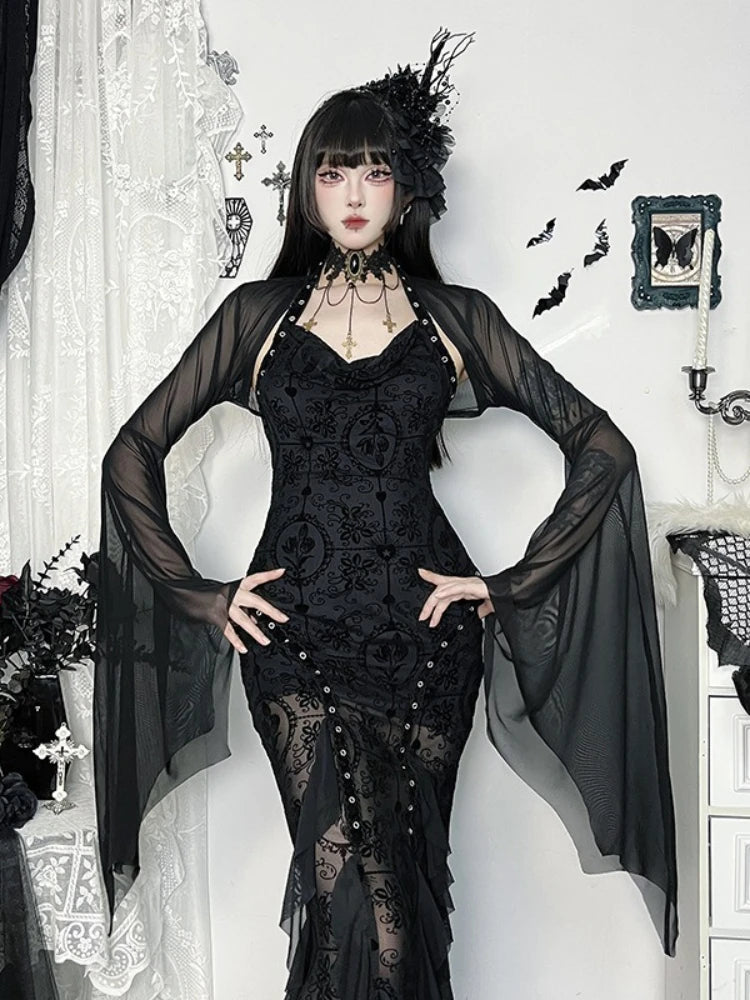 Women's Gothic Mesh Crop Blouse – Halloween Bat Sleeve See-Through Top