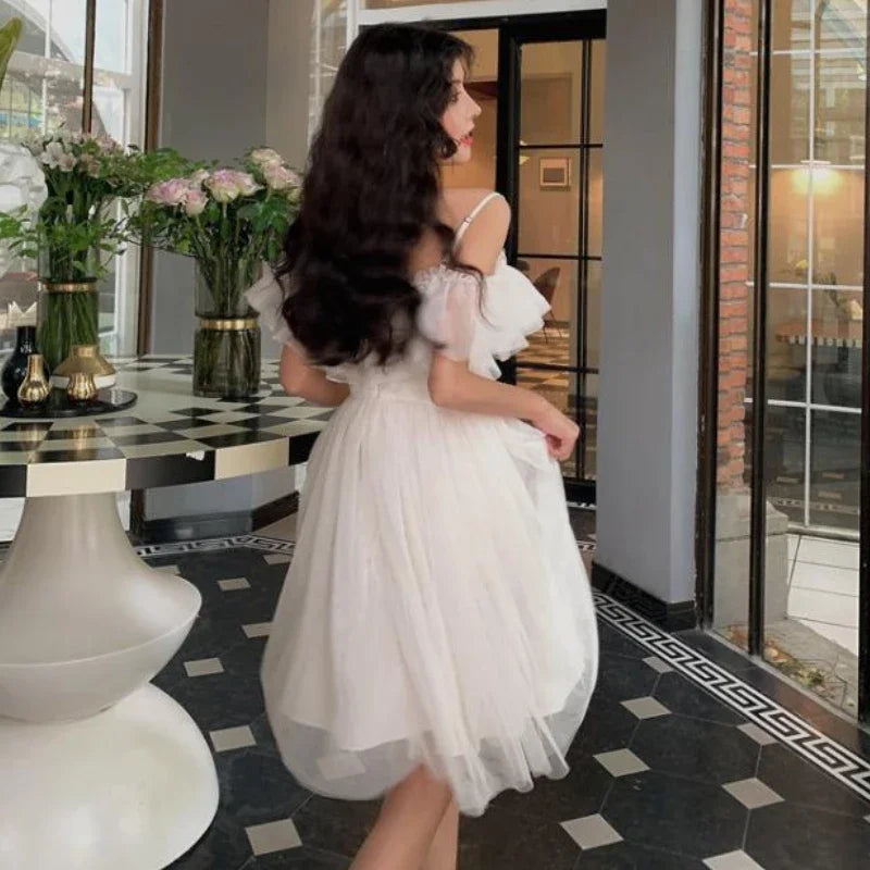 Women's White Dress Set – Slash Neck Gauze Midi Dress