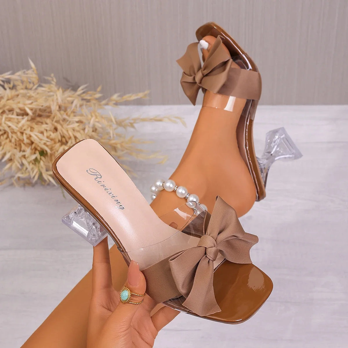 Summer Women Sandals 2025 Crystal Heel Sandals Solid Color Bow Strap Slippers Fashion High Heel Shoes for Women Zapatos De Mujer