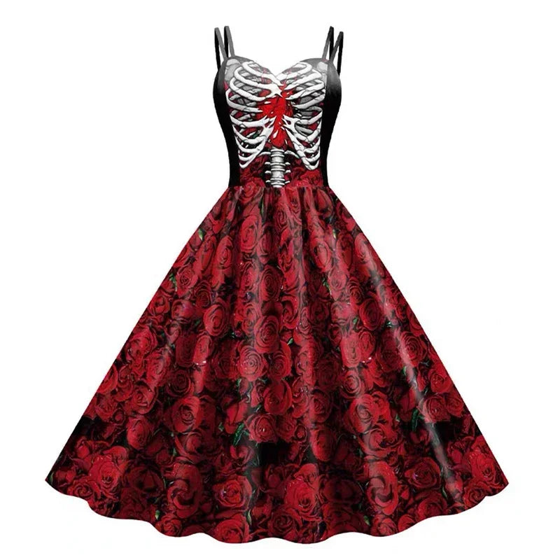 Halloween Skull Print Halter Dress | Gothic Party Dress for Women