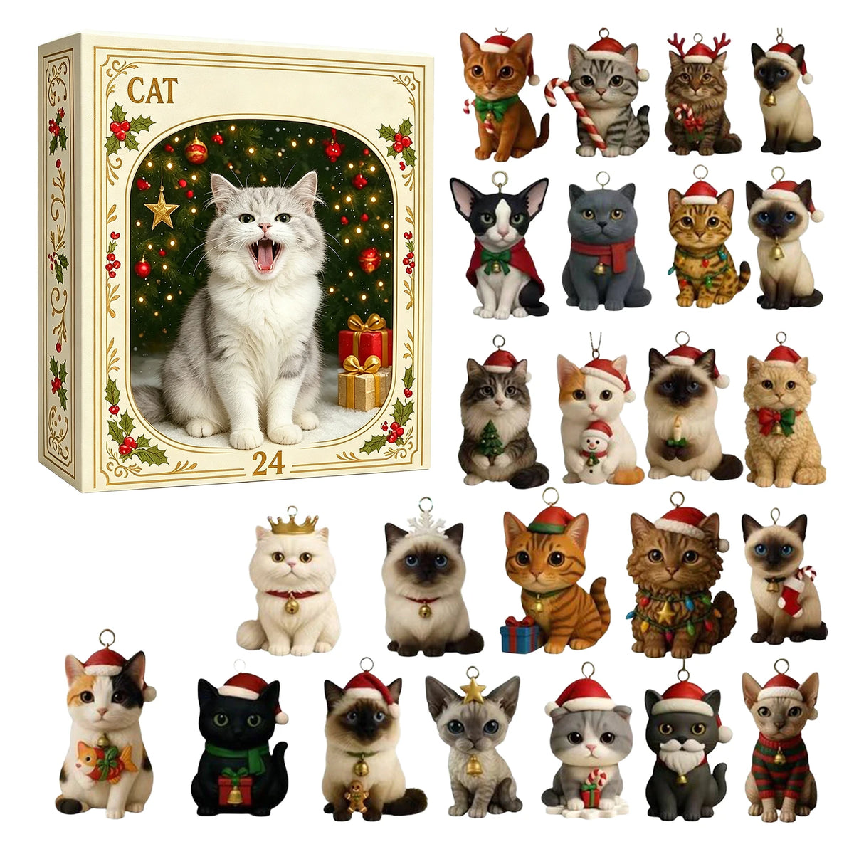 Cat Advent Calendar – 24 Acrylic Kitten Christmas Decorations