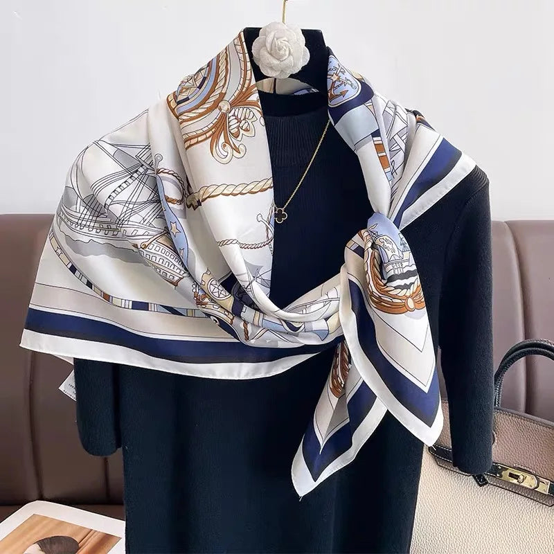 Women's Printed Square Silk Scarf – 90×90cm Headwrap & Bandana