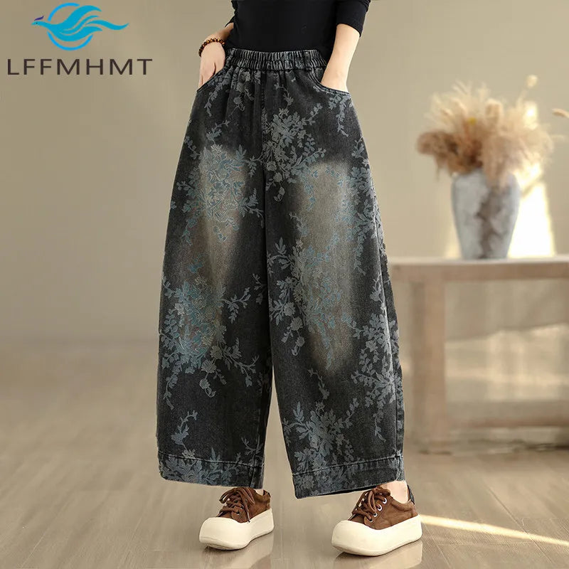 Women's Retro Printed Denim Jeans – Elastic Waist Wide Leg Trousers