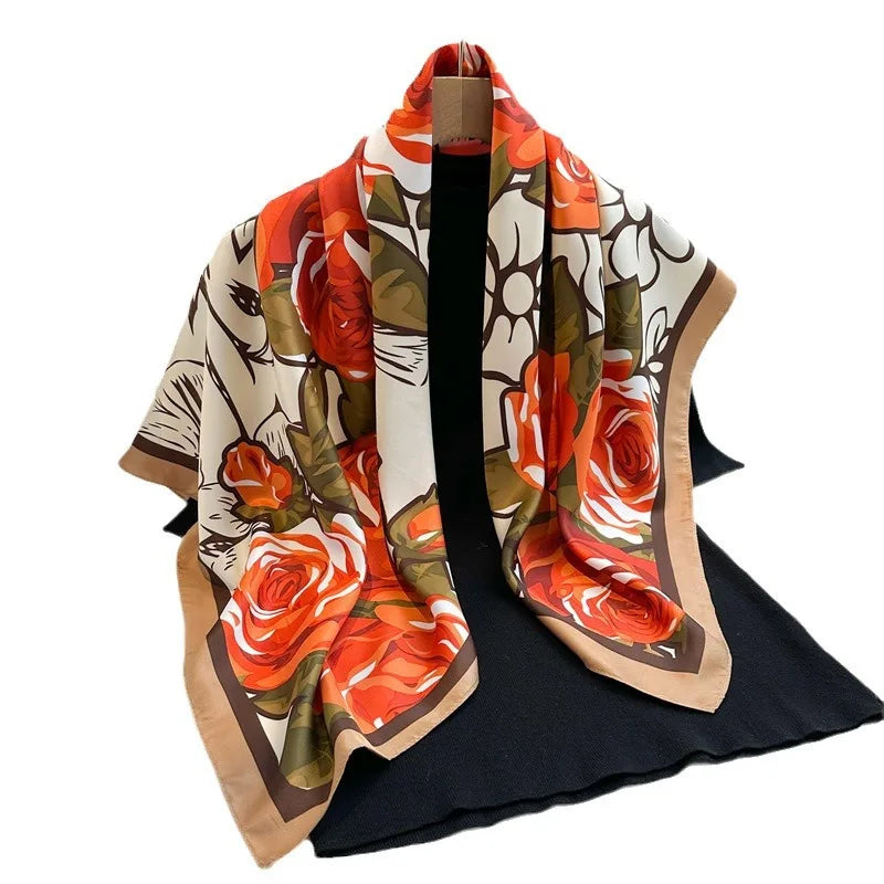Women's Floral Silk Square Scarf – 90×90cm Headwrap & Hijab