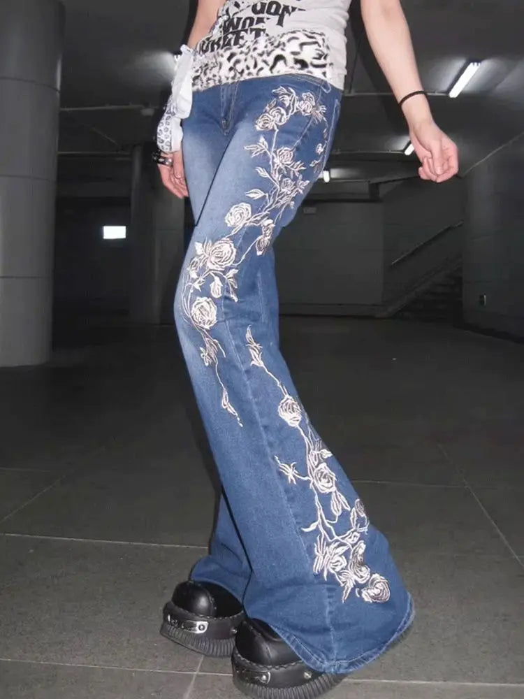 Women's Retro Rose Embroidery Flare Jeans – High Waist Bootcut Denim