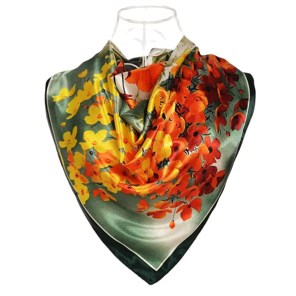 Women's Chinese Rose Satin Square Scarf – 90×90cm Silk-Style Headwrap