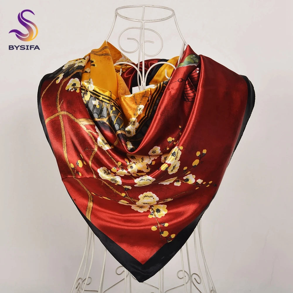 Women's Chinese Rose Satin Square Scarf – 90×90cm Silk-Style Headwrap