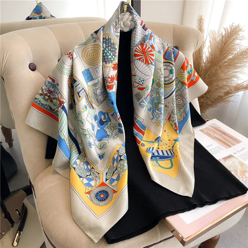 Women's Floral Silk Square Scarf – 90×90cm Headwrap & Hijab