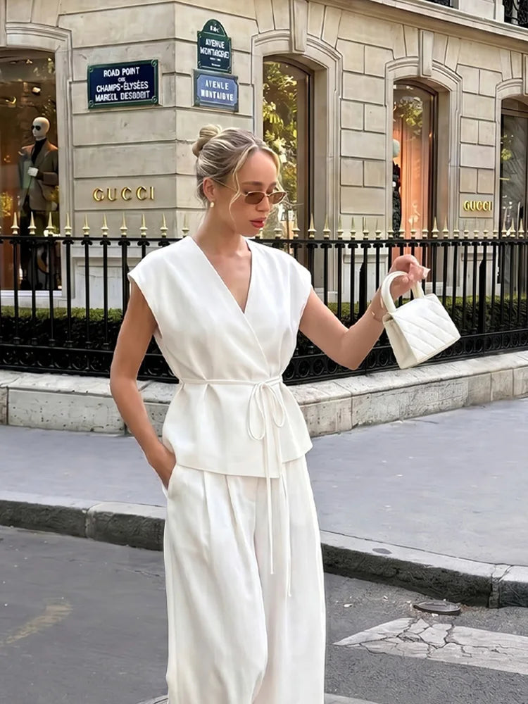 Women's Linen Co-ord Suit – V-Neck Sleeveless Vest Top & Wide Leg Trousers Set
