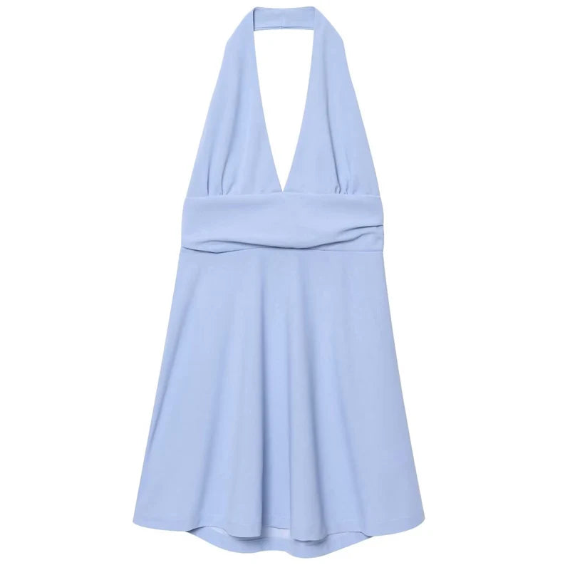 High Waist Pleated Halter Backless A-Line Mini Dress