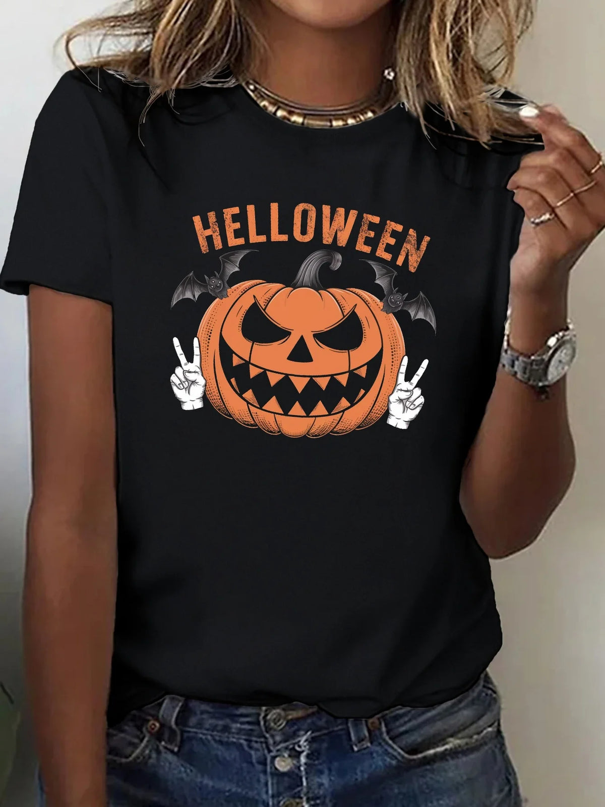 Women's Halloween T-Shirt | Pumpkin Bat Print Costume Top