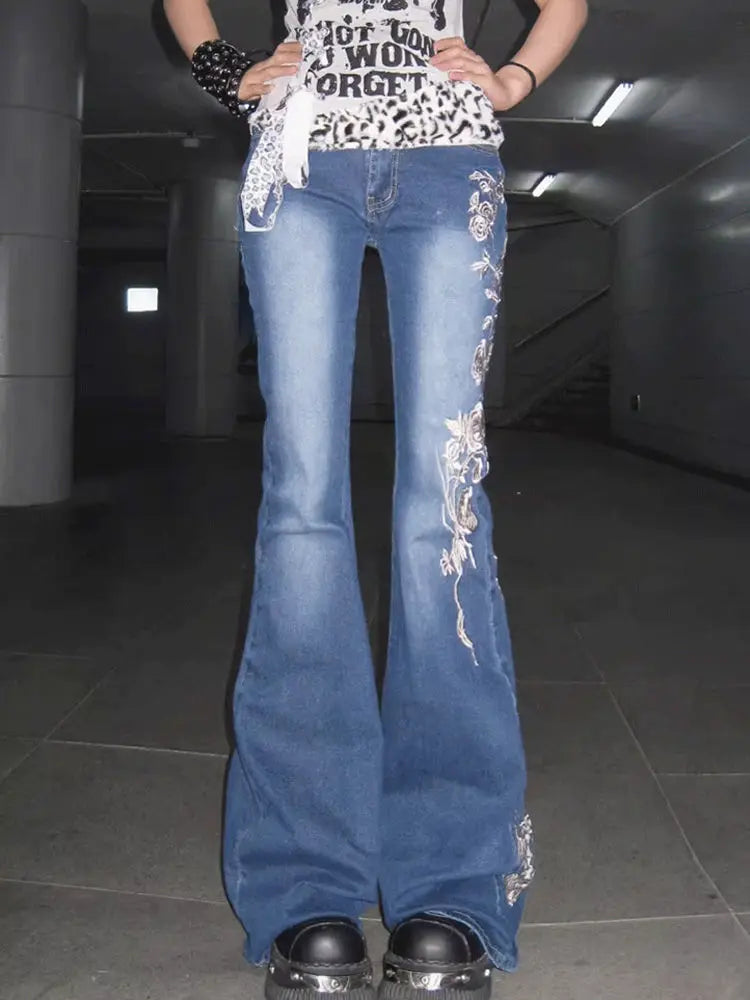 Women's Retro Rose Embroidery Flare Jeans – High Waist Bootcut Denim