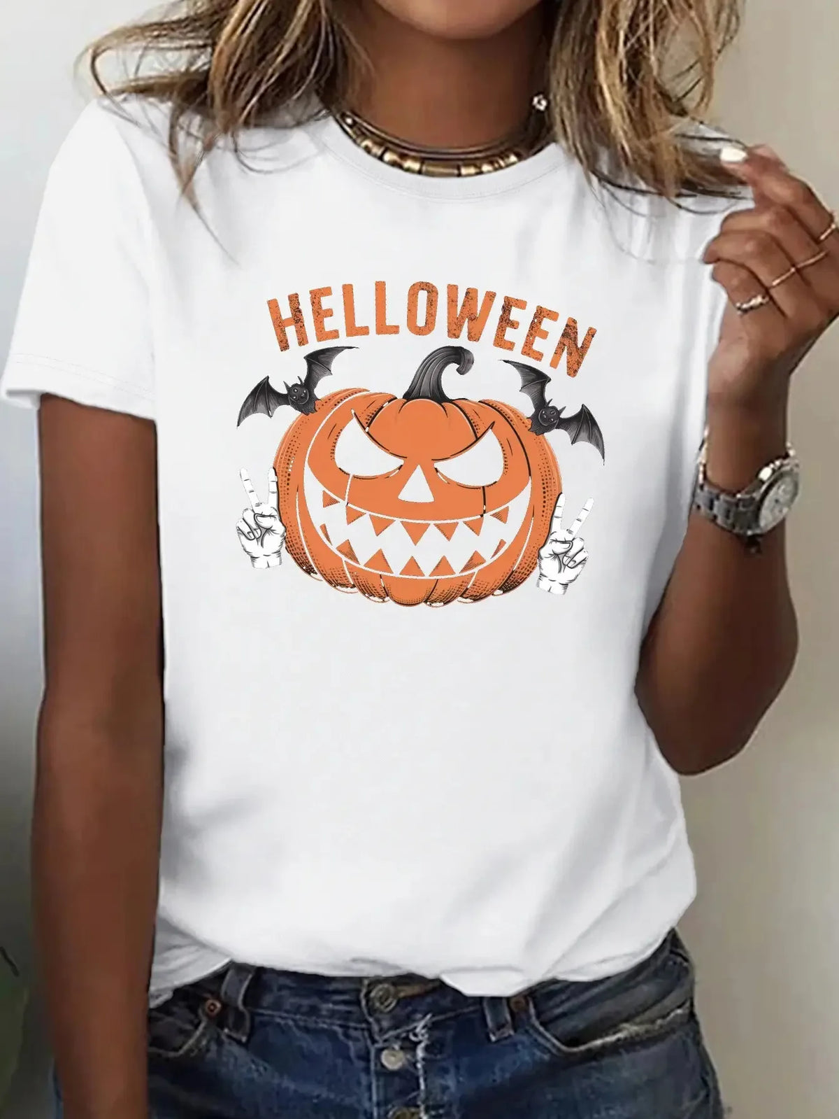 Women's Halloween T-Shirt | Pumpkin Bat Print Costume Top