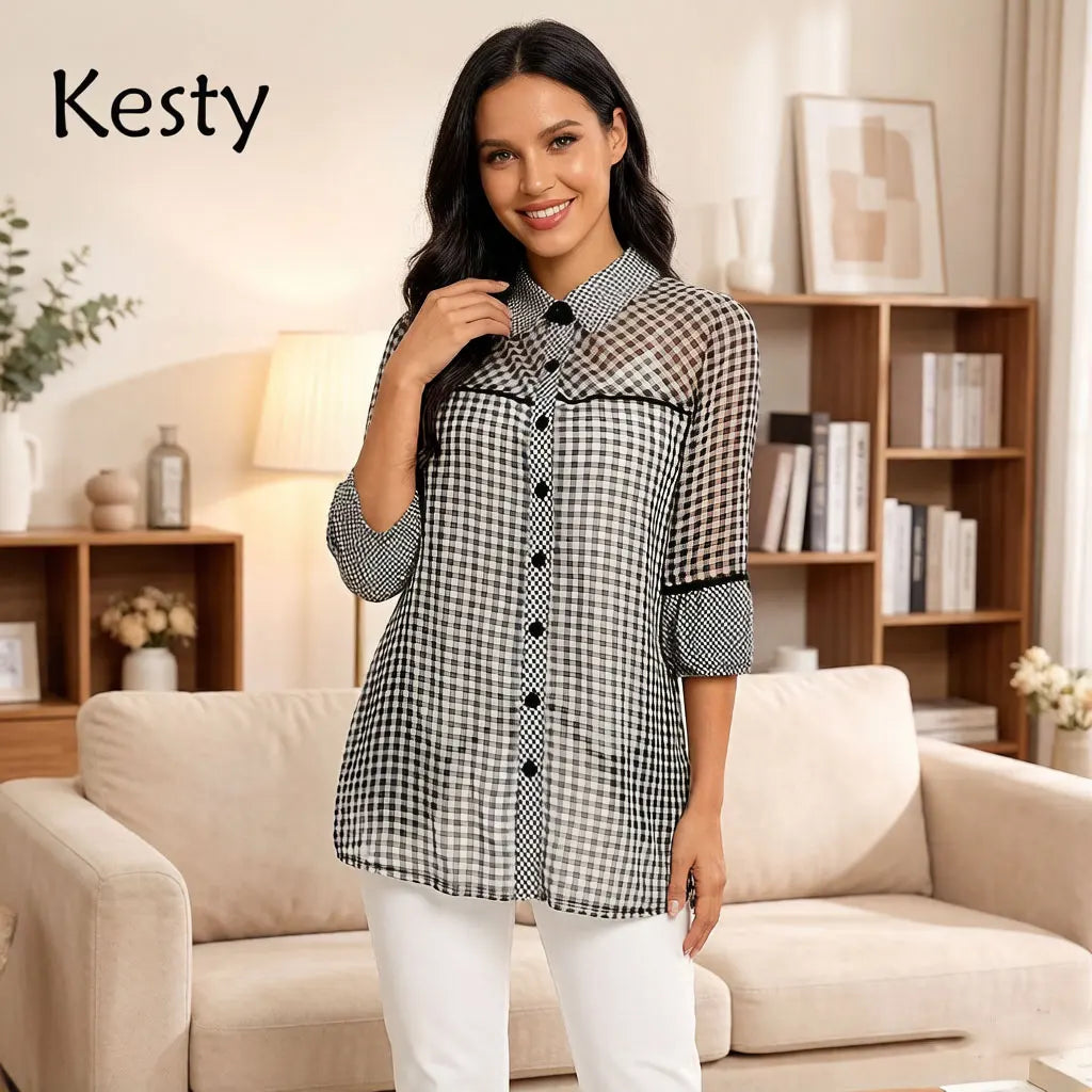 Women's Gingham Check Shirt – Black Plaid Button-Down Top