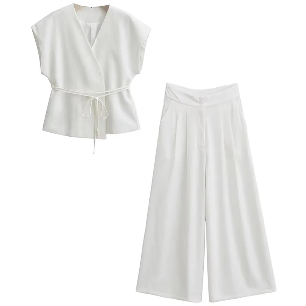 Women's Linen Co-ord Suit – V-Neck Sleeveless Vest Top & Wide Leg Trousers Set
