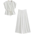 Women's Linen Co-ord Suit – V-Neck Sleeveless Vest Top & Wide Leg Trousers Set