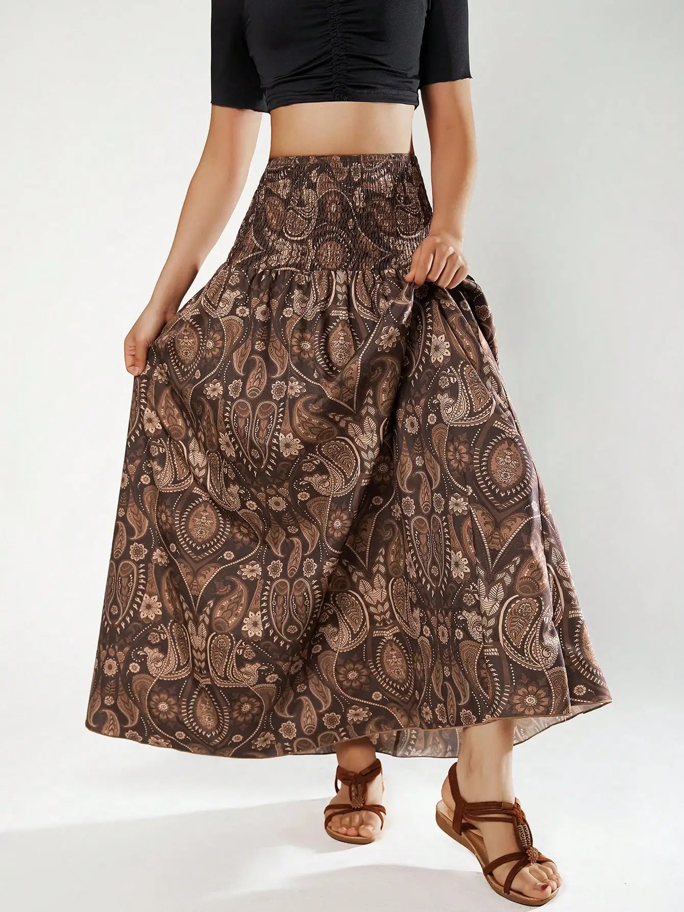 Paisley Smocked Maxi Skirt | Boho High Waist Flared Skirt for Women