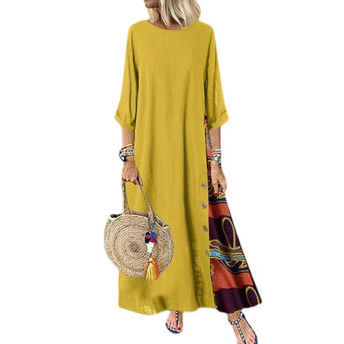 Women's cotton linen vintage long dress – loose casual elegant streetwear UK