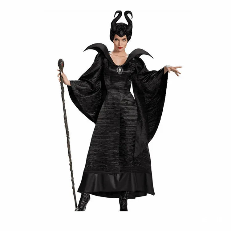 Maleficent Halloween Costume Dress | Witch & Demon Queen Outfit with Horns Hat