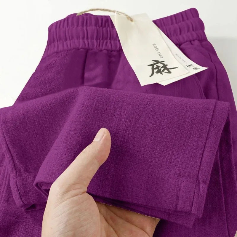 Women's Linen Wide-Leg Trousers – High Waist Casual Summer Pants
