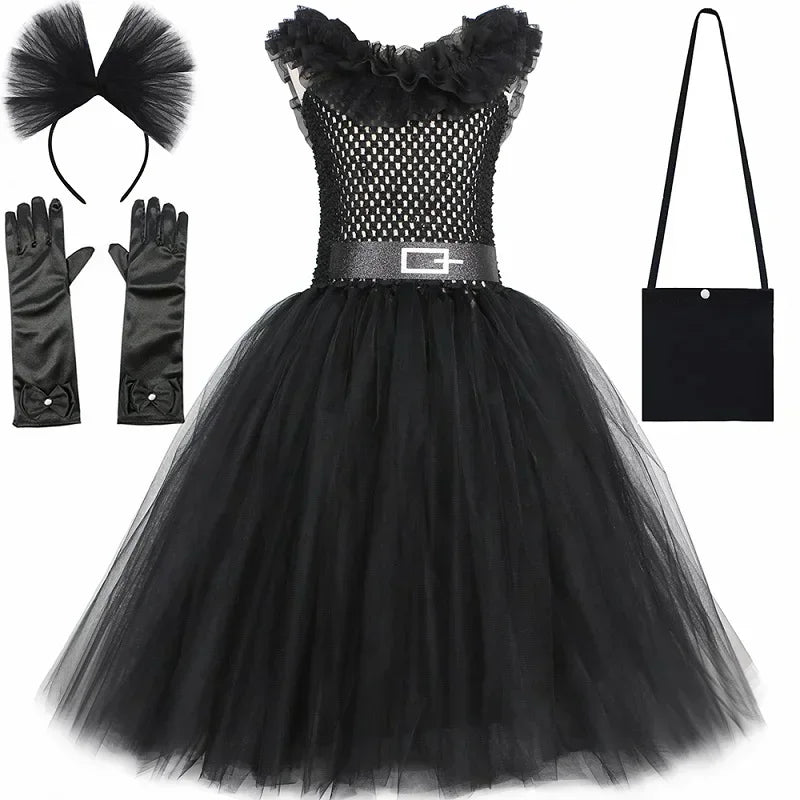 Girls Gothic Halloween Tutu Dress | Wednesday Black Lace Costume