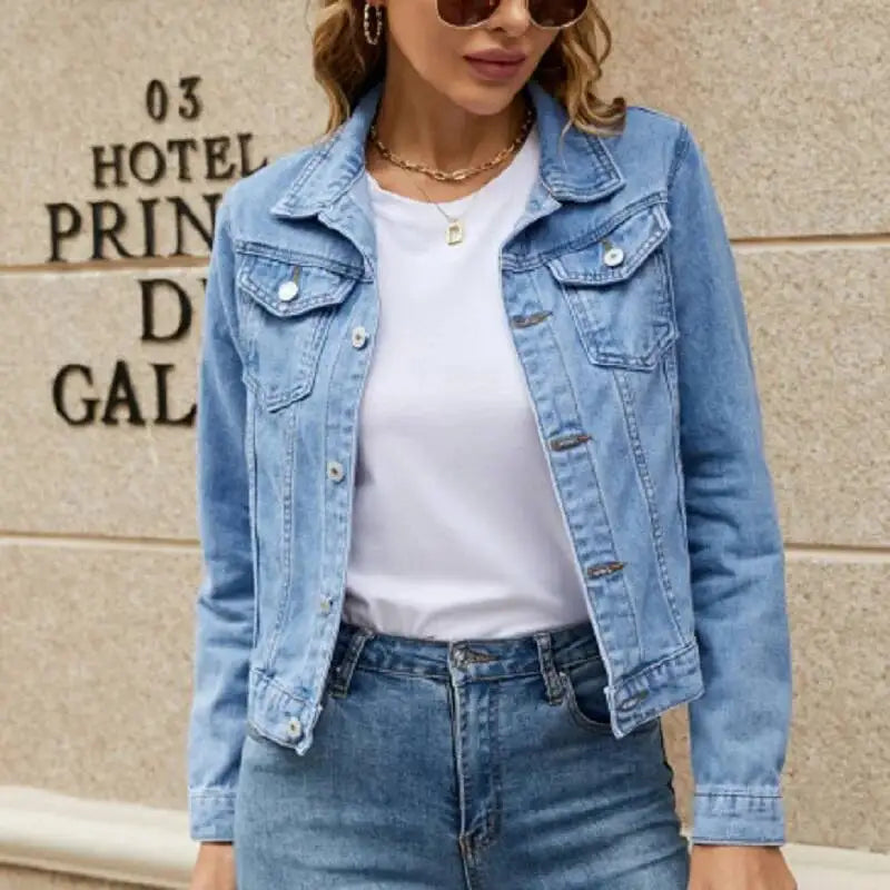 Solid Denim Jacket – Long Sleeve Casual for Women