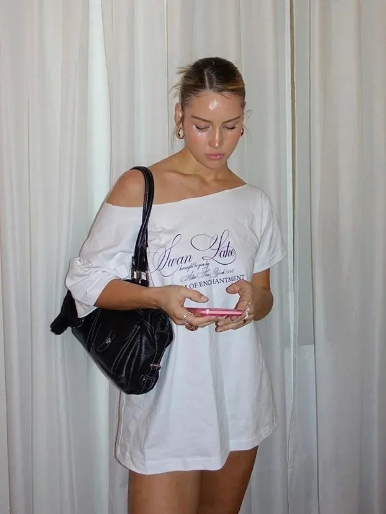 Oversized T Shirts For Women Streetwear Inclined Collar Y2k Top Letters Printing Camisetas Short Sleeve Ropa Mujer Summer Outfit