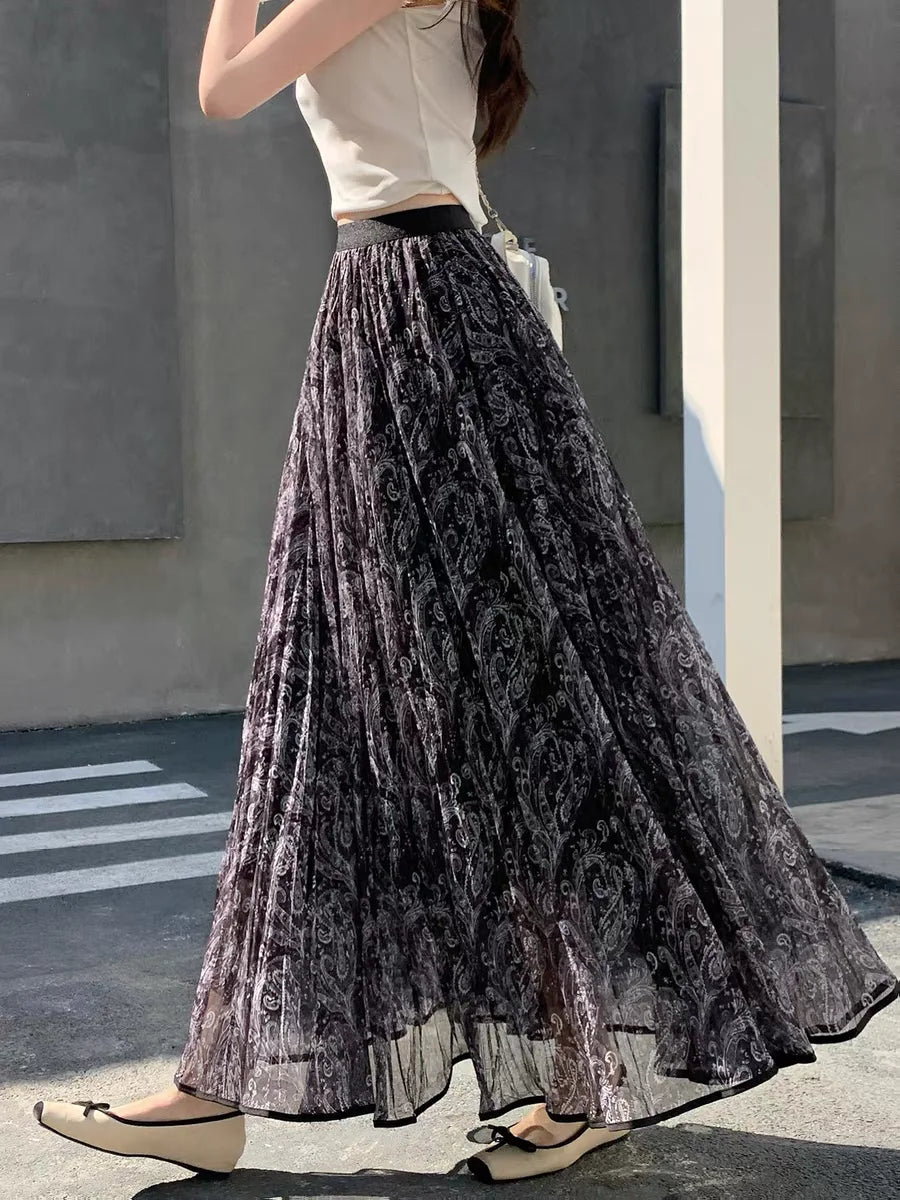 Floral Sheer Mesh Maxi Skirt | Boho A-Line Draped Skirt for Women