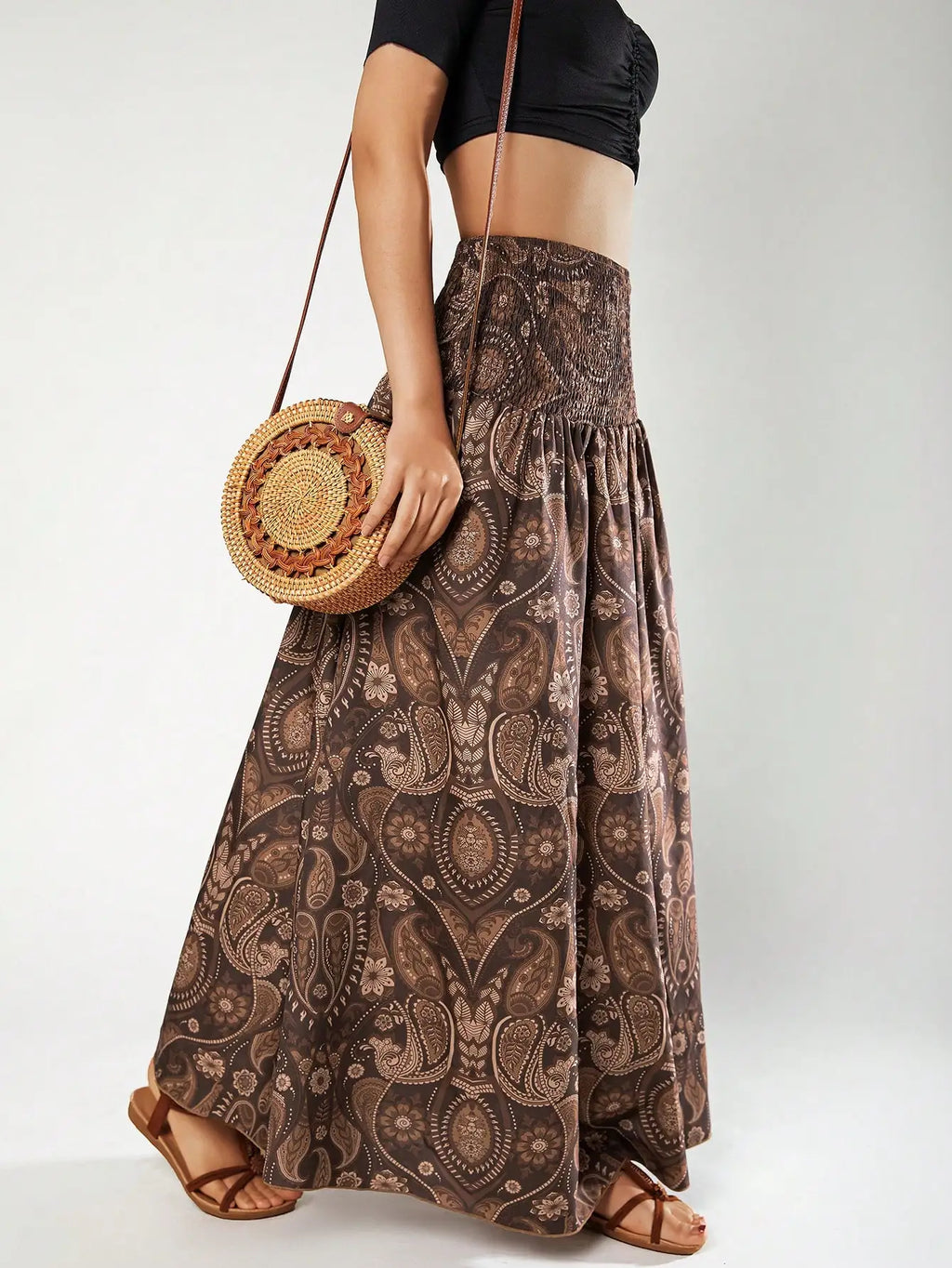 Paisley Smocked Maxi Skirt | Boho High Waist Flared Skirt for Women