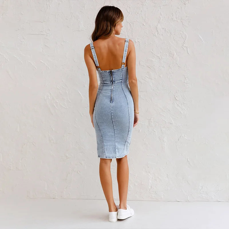 Slim Fit Denim Midi Dress – Elegant Casual Party