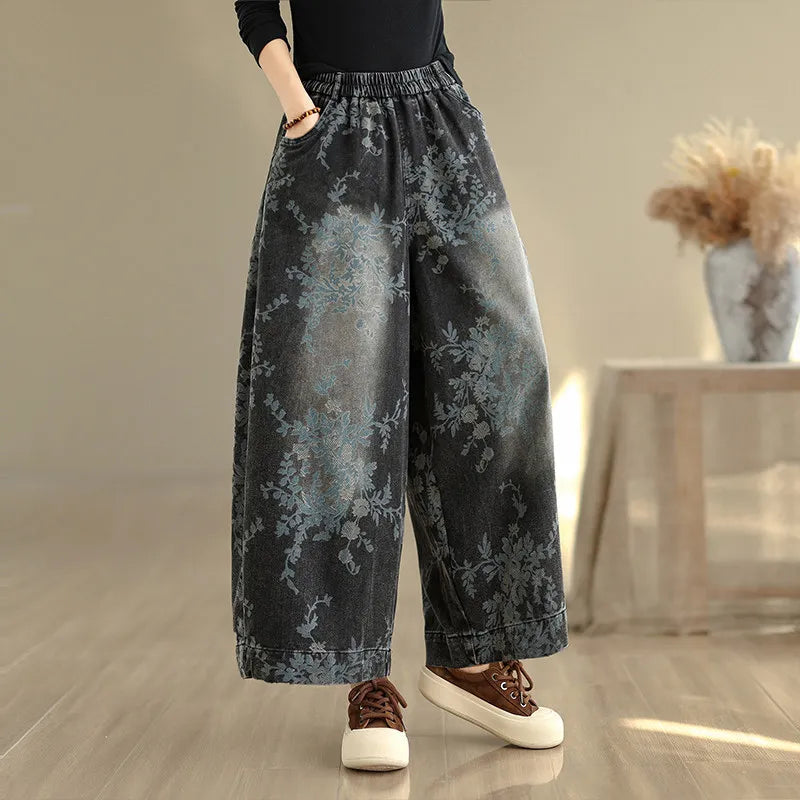 Women's Retro Printed Denim Jeans – Elastic Waist Wide Leg Trousers
