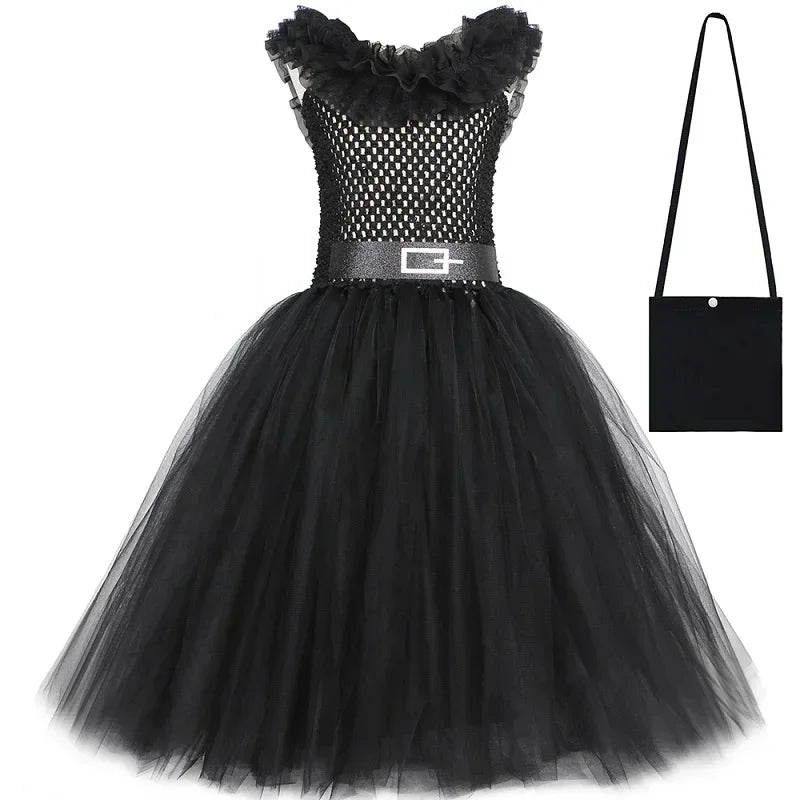 Girls Gothic Halloween Tutu Dress | Wednesday Black Lace Costume
