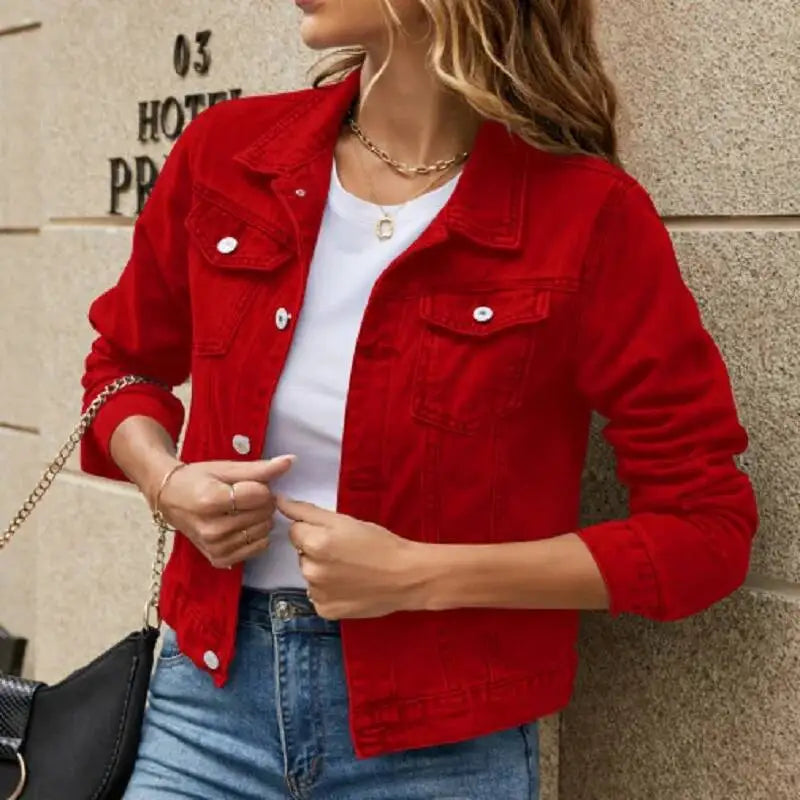 Solid Denim Jacket – Long Sleeve Casual for Women