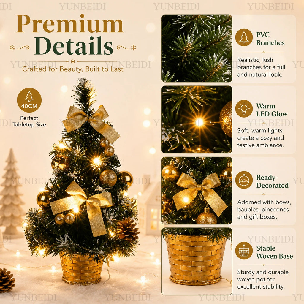 40cm Decorated LED Tabletop Christmas Tree – Gold, Red or Silver