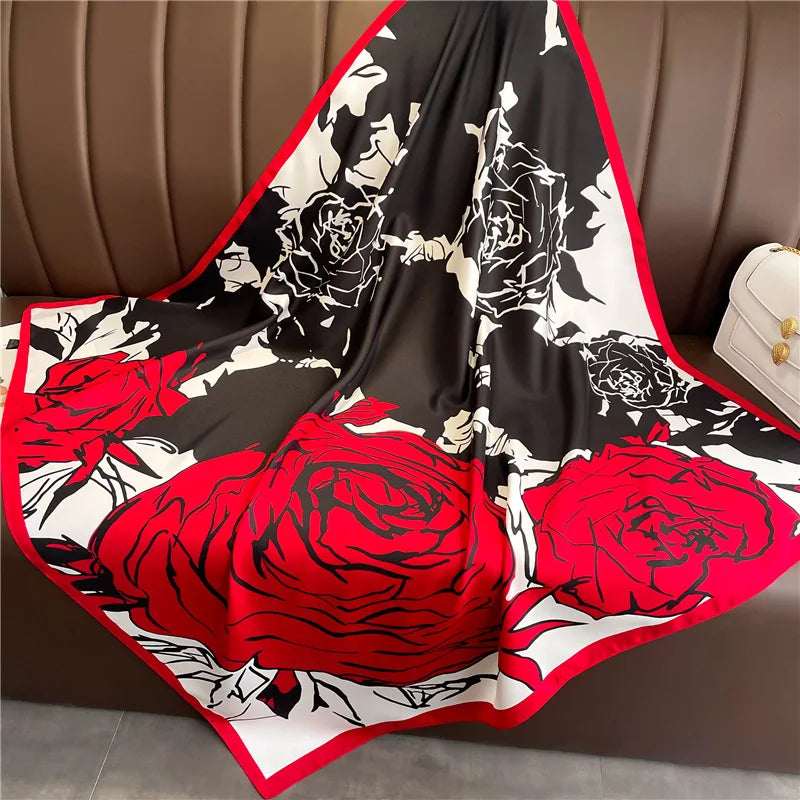 Women's Floral Silk Square Scarf – 90×90cm Headwrap & Hijab