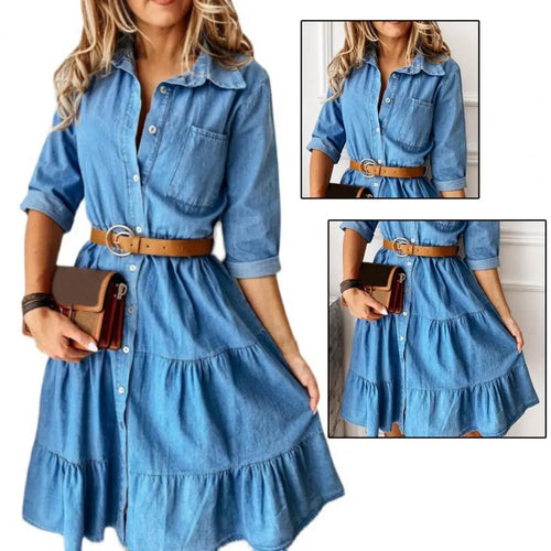 Denim Dress with Belt – 3/4 Sleeve
